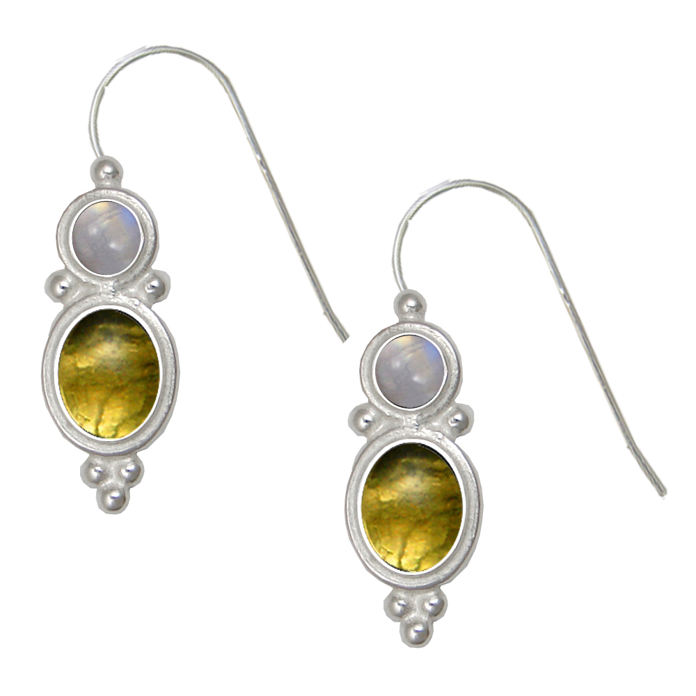 Sterling Silver Drop Dangle Earrings Citrine And Rainbow Moonstone